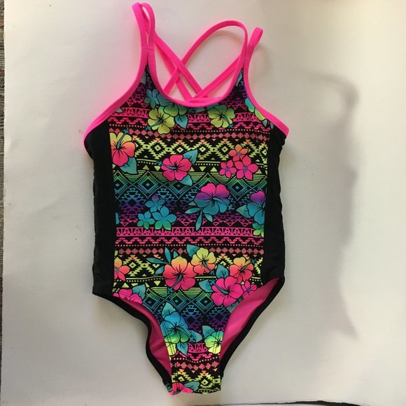George Girls One Piece Swimsuit Bathing Suit Multicolour Neon Pink Black Floral - Picture 1 of 10